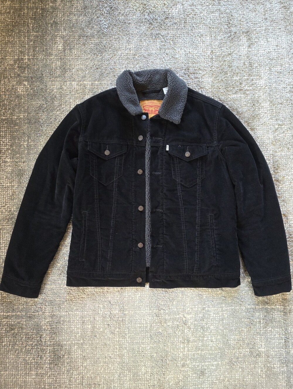 Levi's Men's Large Black Corduroy Sherpa Lined Trucker Jacket Fleece Collar
